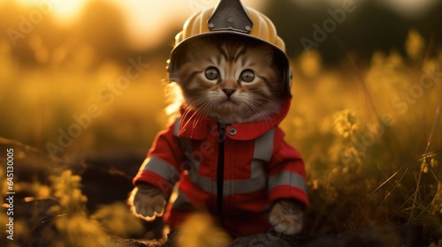 A cat wearing a fireman's hat in a field. Generative AI.