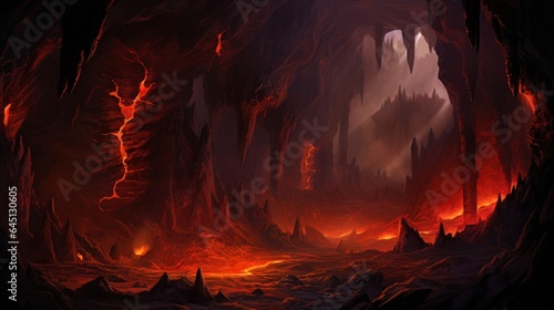 Subterranean chamber with molten lava  stalactites  and the intense heat of an active volcano game art