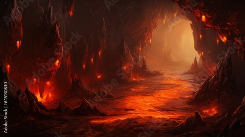 Subterranean chamber with molten lava, stalactites, and the intense heat of an active volcano game art
