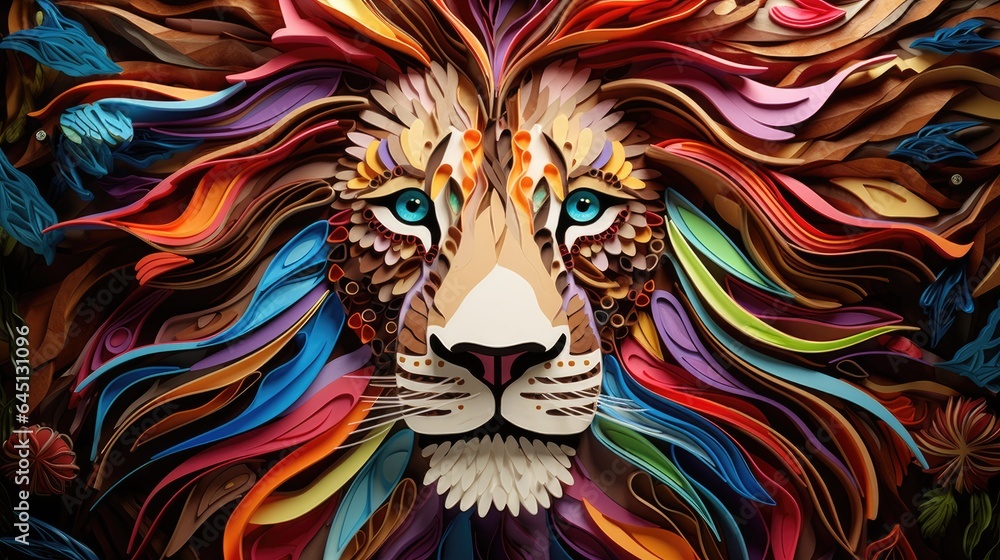 A close-up of a lion with colorful hair. Paper cut. Generative AI.