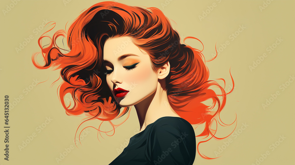Barbershop logo, hair salon, girl with luxurious hair, cosmetology and hair health concept
