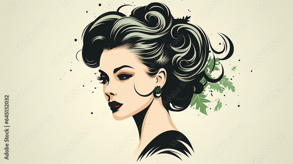 Barbershop logo, hair salon, girl with luxurious hair, cosmetology and hair health concept