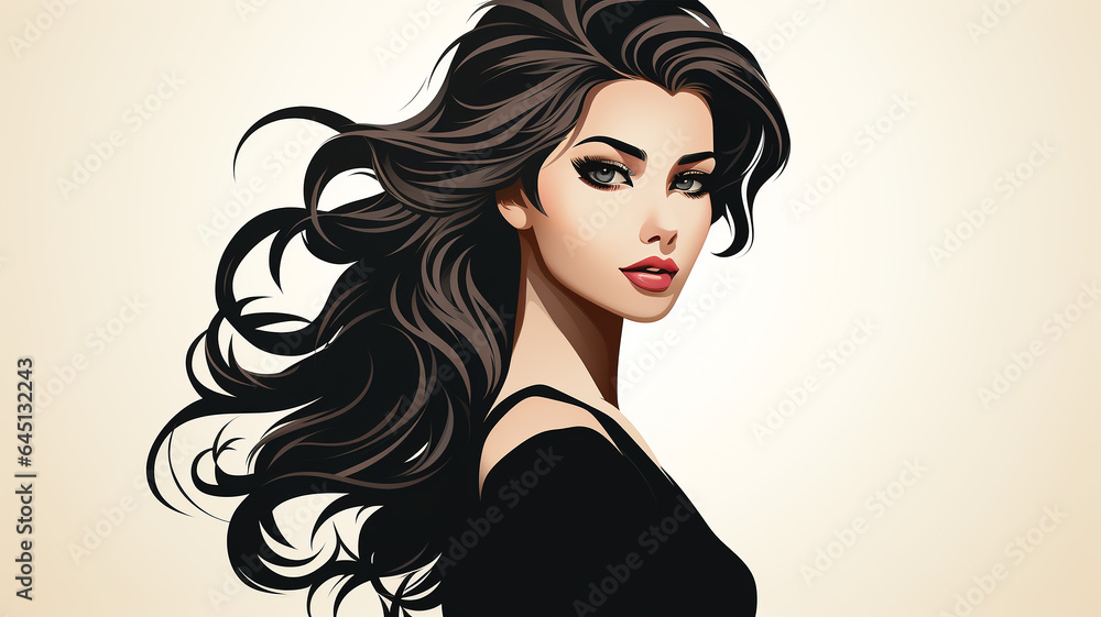 Barbershop logo, hair salon, girl with luxurious hair, cosmetology and hair health concept Barbershop logo, hair salon, girl with luxurious hair, cosmetology and hair health concept