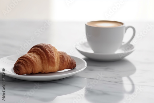 Coffee cup and fresh croissant on white background. Healthy eating and sweet food concept. french breakfast.