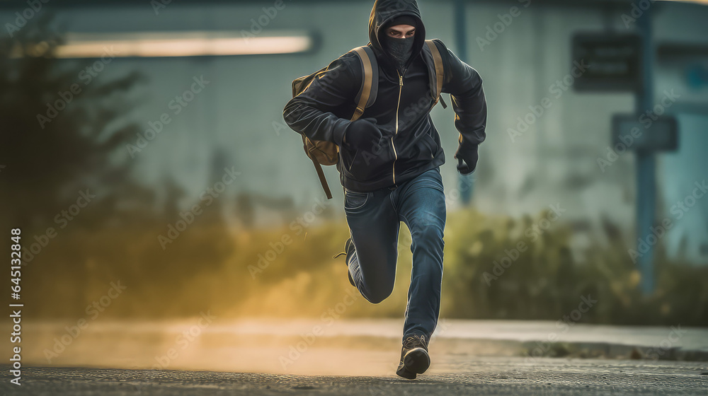 The masked and black-clad thief quickly flees the scene with a bag of stolen goods. Crime on the streets of the city, theft.