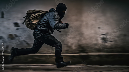 The masked and black-clad thief quickly flees the scene with a bag of stolen goods. Crime on the streets of the city, theft.