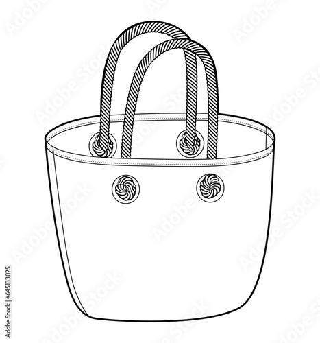 Tote beach bag silhouette with rope handle. Fashion accessory technical illustration. Vector satchel front 3-4 view for Men, women, unisex style, flat handbag CAD mockup sketch outline isolated
