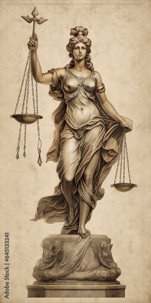 Pencil illustration of the sculpture of a woman with scales, representing classical justice.