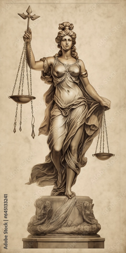 Pencil illustration of the sculpture of a woman with scales, representing classical justice. Pencil illustration of the sculpture of a woman with scales, representing classical justice.