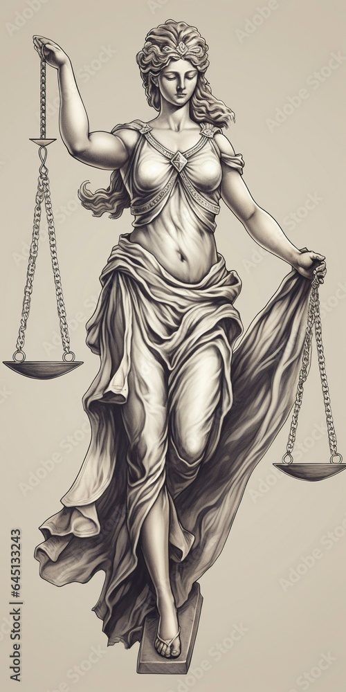 Pencil illustration of the sculpture of a woman with scales, representing classical justice. Pencil illustration of the sculpture of a woman with scales, representing classical justice.
