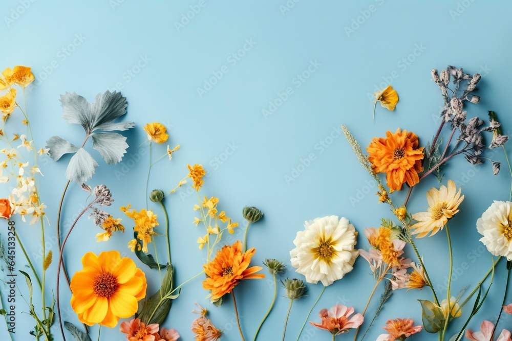 Obraz premium View from above and scattered on a blue background, spring flowers with copy space.