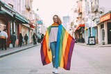 Young woman walks through the city wrapped in an LGBTI flag, demanding her rights.