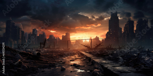 Apocalyptic landscape with rubble and ruins, post apocalypse city at sunset