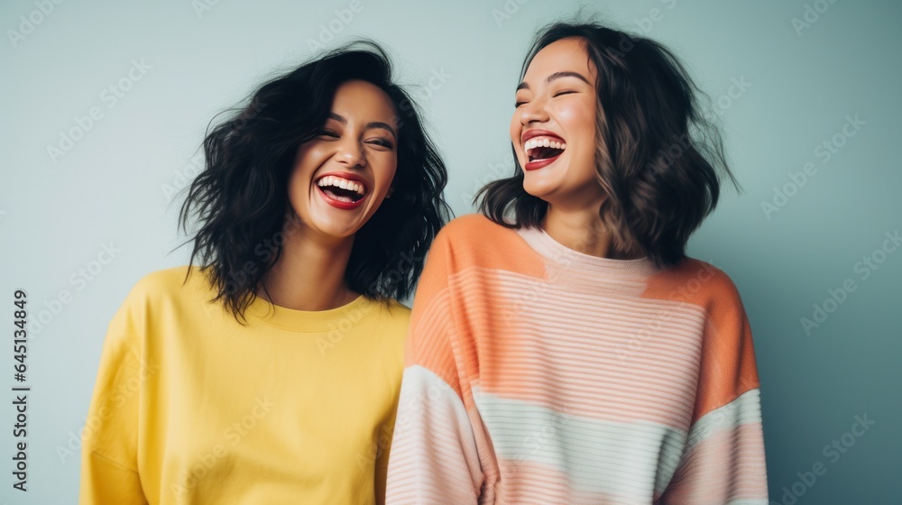 Funny Asian best girl friends laughing cheerfully while standing together in a studio. Funny Asian best girl friends laughing cheerfully while standing together in a studio.