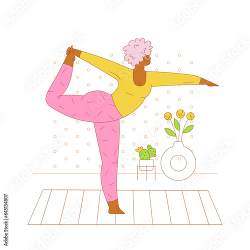 Senior woman character practicing yoga at home. Flat outlined colorful vector illustration.