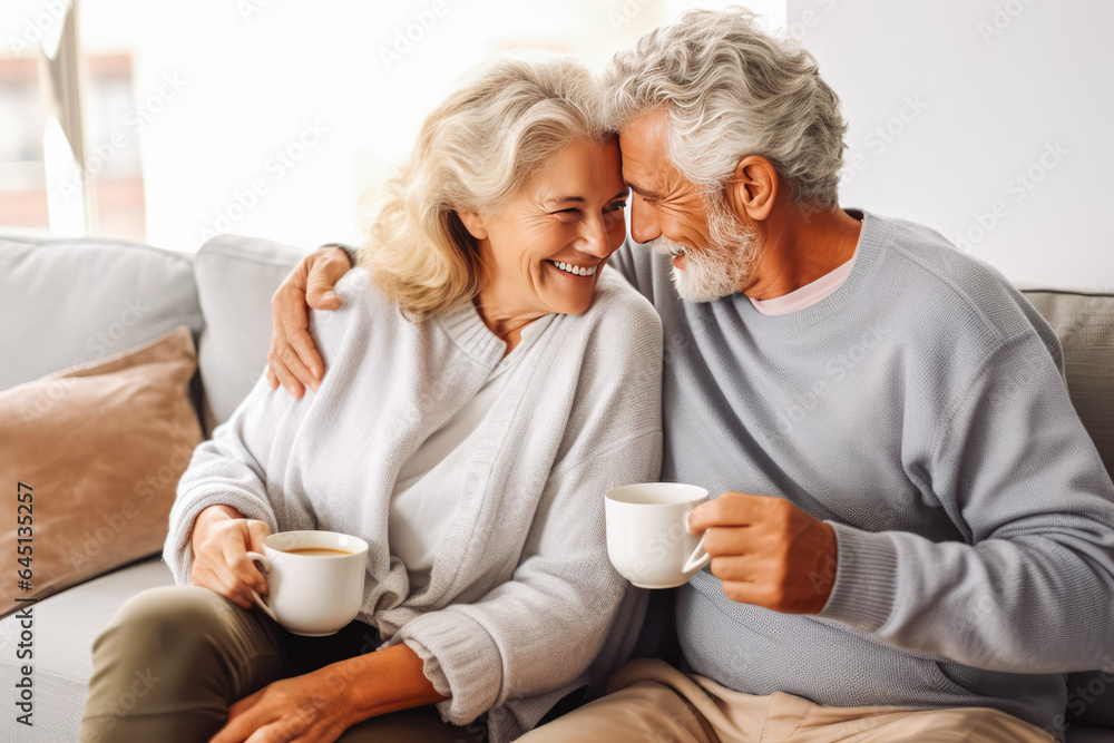 Loving senior caucasian couple sitting together and drinking tea, enjoying and smiling. Loving senior caucasian couple sitting together and drinking tea, enjoying and smiling.