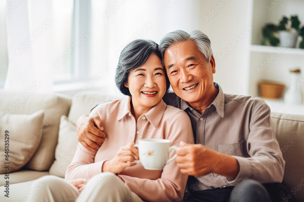 Loving senior asian couple sitting together and drinking tea, enjoying and smiling. Loving senior asian couple sitting together and drinking tea, enjoying and smiling.