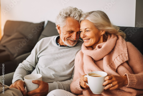 Loving senior caucasian couple sitting together and drinking tea, enjoying and smiling.