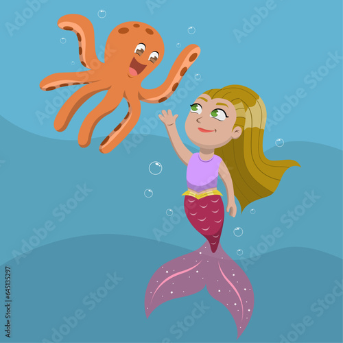Vector de sirena con pulpo, hermosa sirena animada, vector animado de sirena y pulpo, ilustración infantil, tarjeta infantil 