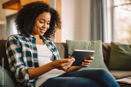 Beautiful young african american woman sitting on couch and using a electronic tablet for entertainment