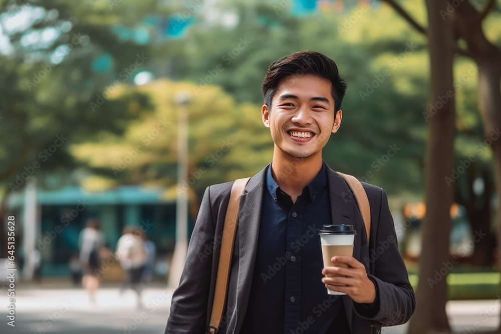 Handsome young asian man standing outside in city park with a coffee in his hand and smiling Handsome young asian man standing outside in city park with a coffee in his hand and smiling