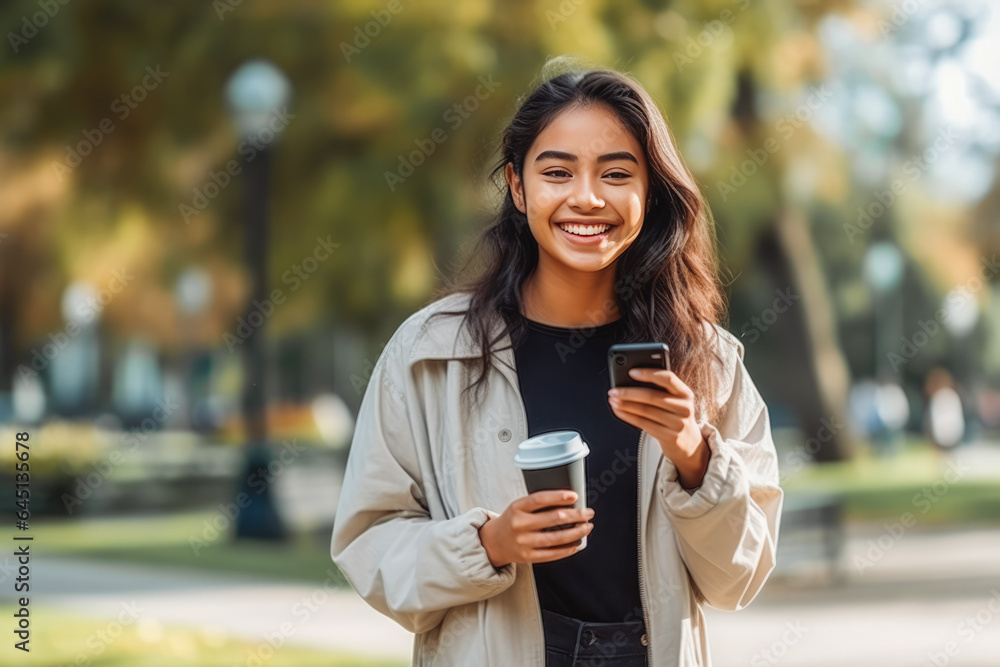 Beautiful young asian woman standing outside in city park with a mobile phone in her hand and smiling Beautiful young asian woman standing outside in city park with a mobile phone in her hand and smiling