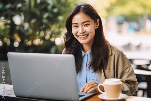 Beautiful smiley young female chinese office assistant working remotely on her computer outside the coffee shop