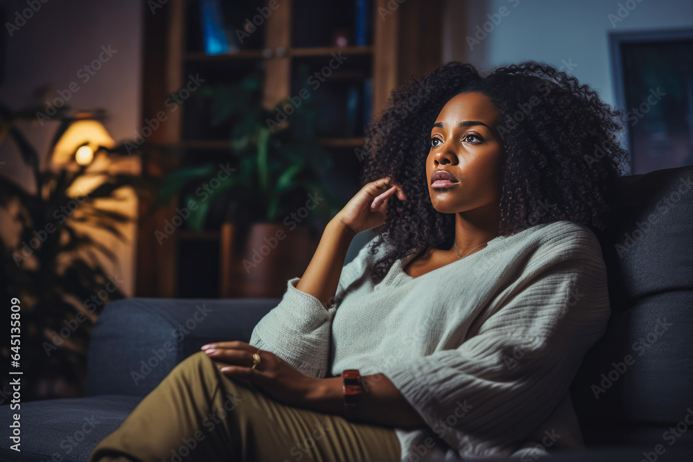 Obraz premium Sad african american woman sitting on sofa and being bored while watching television
