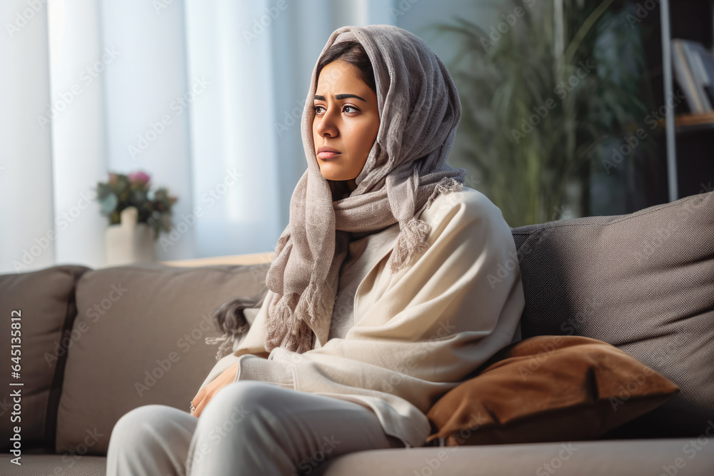 Sad arabic woman sitting on sofa and being bored while watching television Sad arabic woman sitting on sofa and being bored while watching television