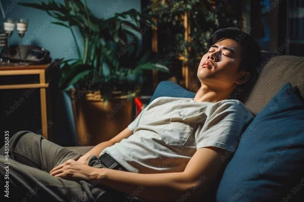 Fototapeta premium Tired handsome asian man sleeping peacefully on sofa, good afternoon nap