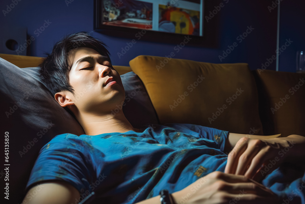 Obraz premium Tired handsome asian man sleeping peacefully on sofa, good afternoon nap