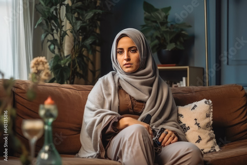Sad arabic woman sitting on sofa and being bored while watching television
