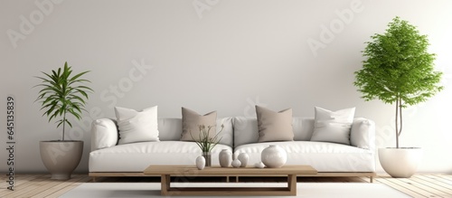 Scandinavian style living room with modern interior background and mock up poster frame.