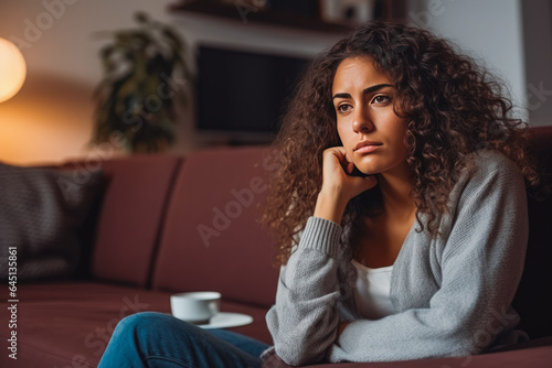 Sad hispanic woman sitting on sofa and being bored while watching television