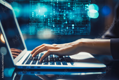 Close up of woman typing on her lap top and looking for information, visual representation of data searching