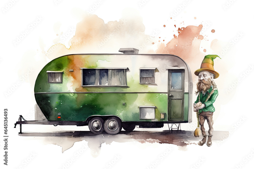 Obraz premium Illustration of a leprechaun with his green travel trailer