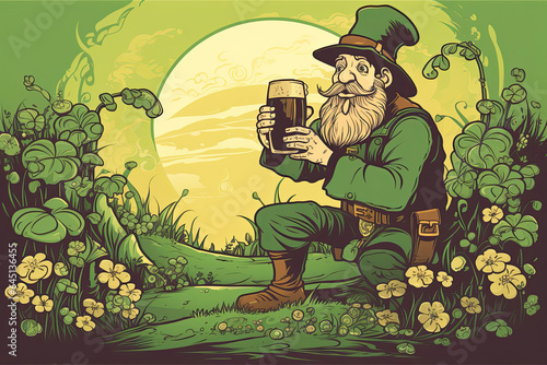 Illustration of a leprechaun in a clover patch photo