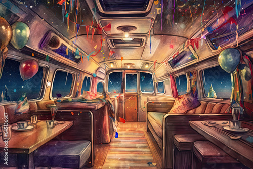 Colorful interior of a camper van has been decorated for the holidays
