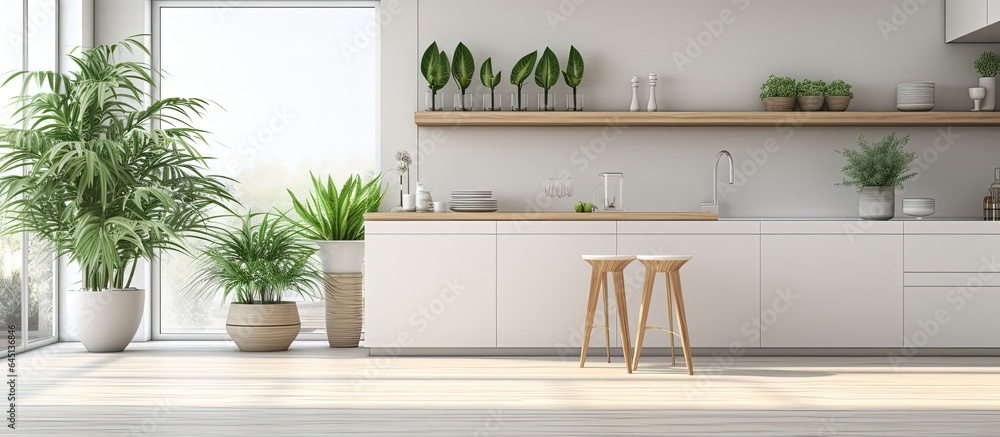 Minimalist kitchen with an eco-friendly vibe and a blurring background, showcasing an open cabinet filled with bamboo hydroponic vases and accessories, along with an island, table, stools, and a