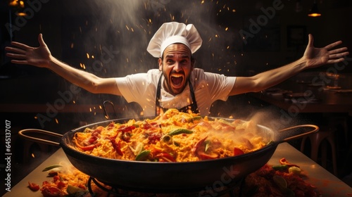 Mediterranean cuisine chef cooking paella in a giant pan generative ai