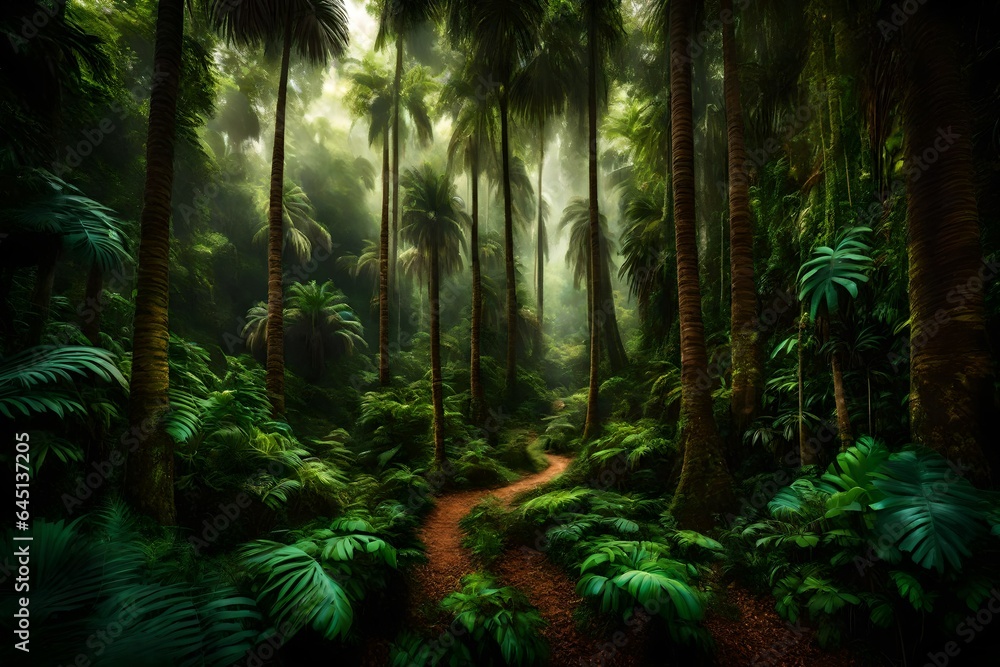 A lush tropical forest with tall trees and palm trees