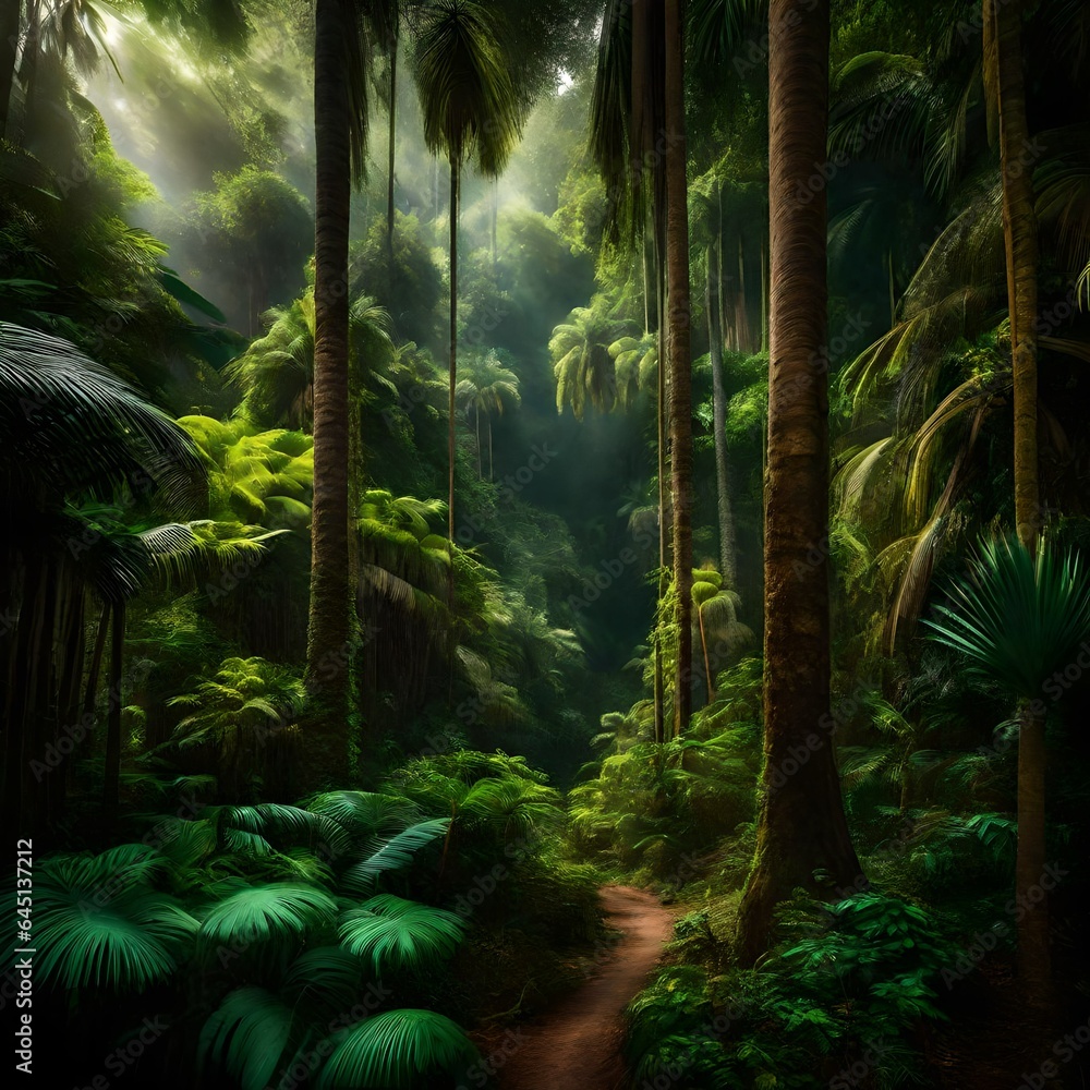 A lush tropical forest with tall trees and palm trees