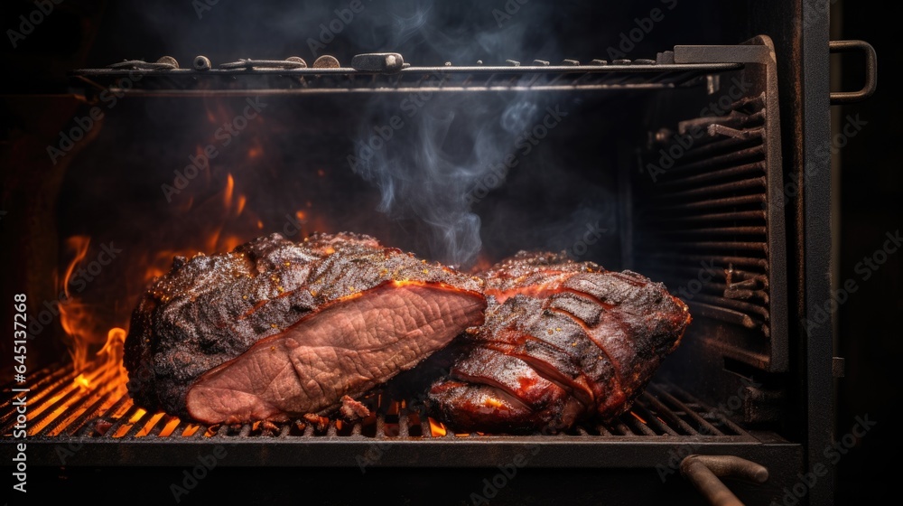 barbecue pitmaster slow-cooking brisket in a smoker generative ai barbecue pitmaster slow-cooking brisket in a smoker generative ai