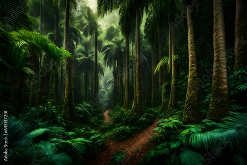 A lush tropical forest with tall trees and palm trees