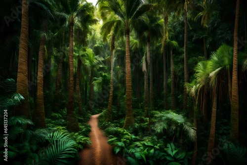 A lush tropical forest with tall trees and palm trees