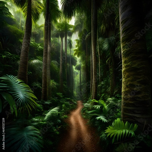 A lush tropical forest with tall trees and palm trees