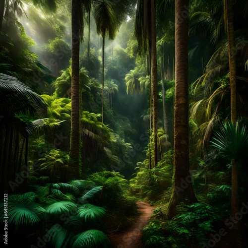 A lush tropical forest with tall trees and palm trees