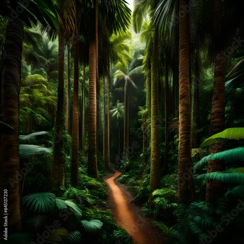 A lush tropical forest with tall trees and palm trees