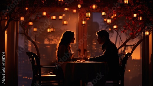 couple enjoying a romantic dinner at a candlelit table in a restaurant generative ai