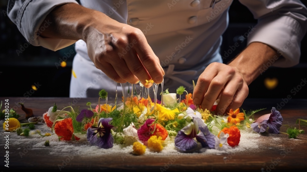 gourmet chef creating an intricate dish with edible flowers generative ai